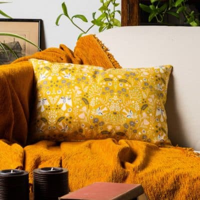 Scandi Woodland Boudoir Cushion in Ochre Yellow