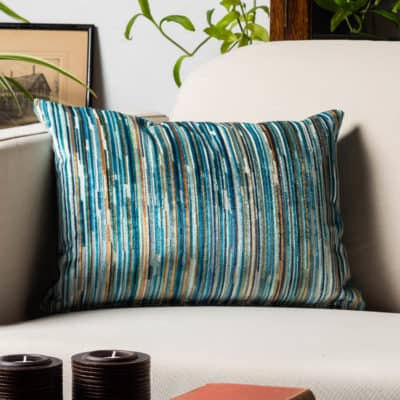 Luxury Velour Stripe XL Rectangular Cushion in Teal Blue