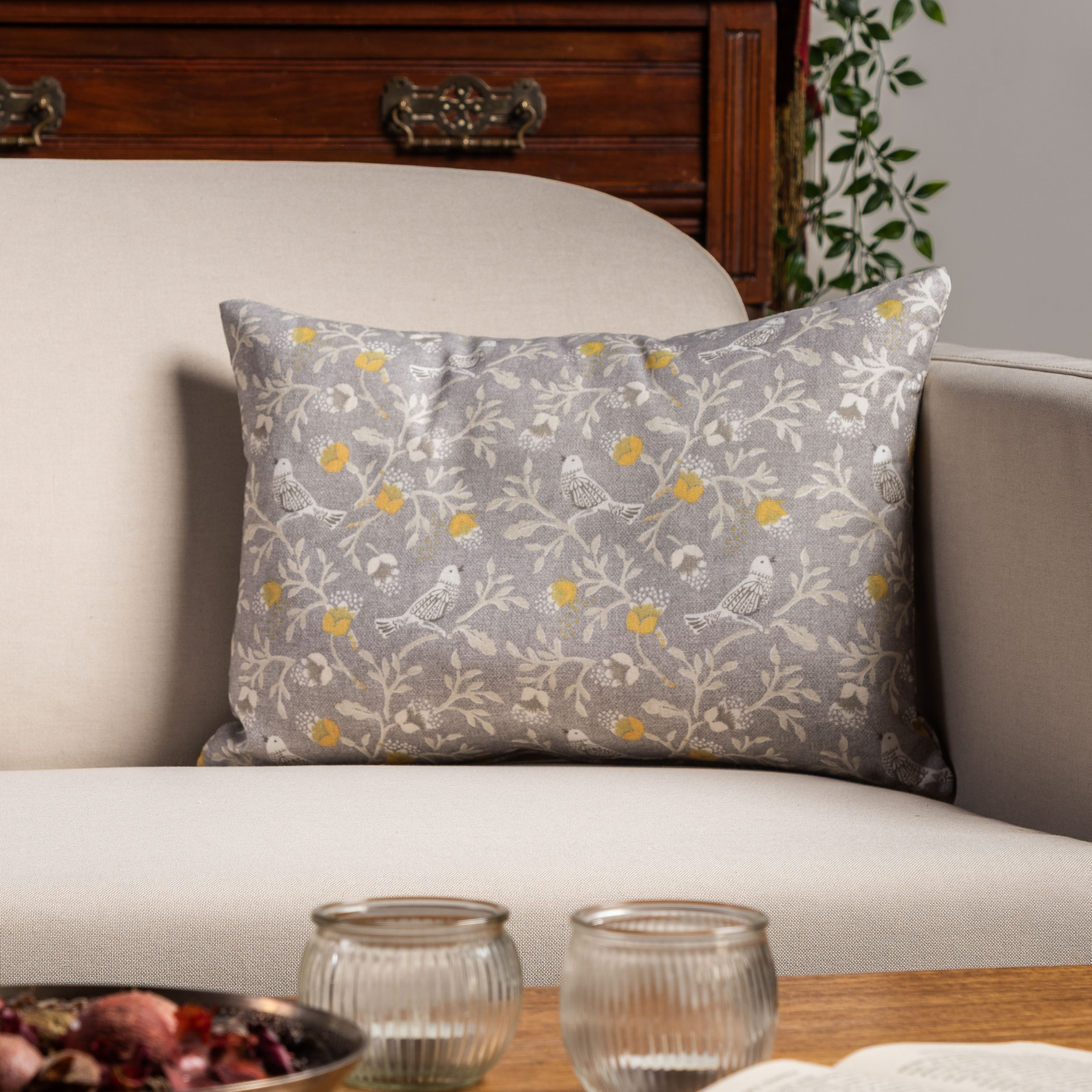 Dainty Songbird Boudoir Cushion in Grey and Ochre