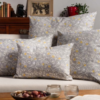 Dainty Songbird Boudoir Cushion in Grey and Ochre