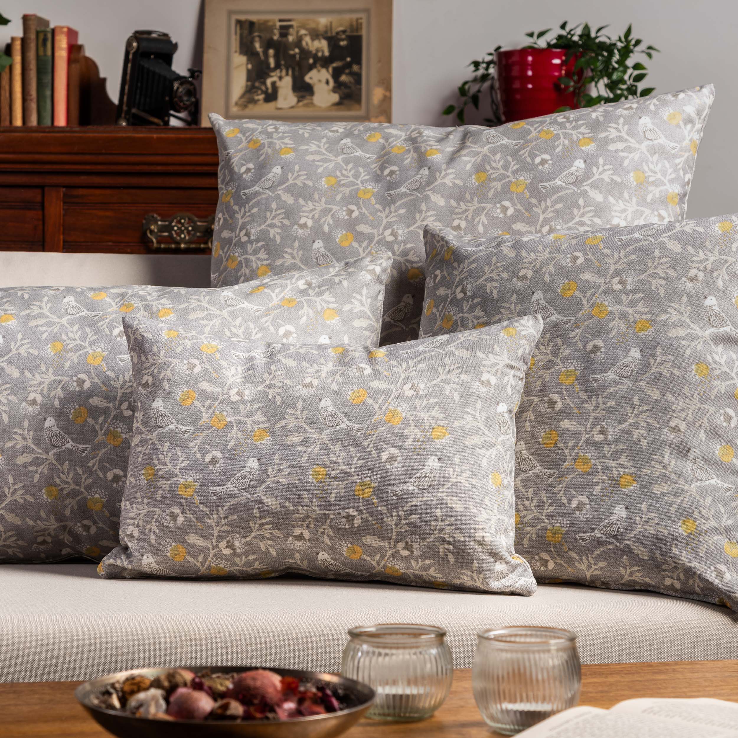 Dainty Songbird Boudoir Cushion in Grey and Ochre