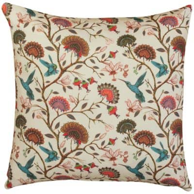 Jacobean Hummingbird Print Cushion in Cream