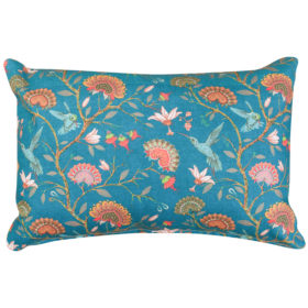 Jacobean Hummingbird Print Boudoir Cushion in Teal Blue