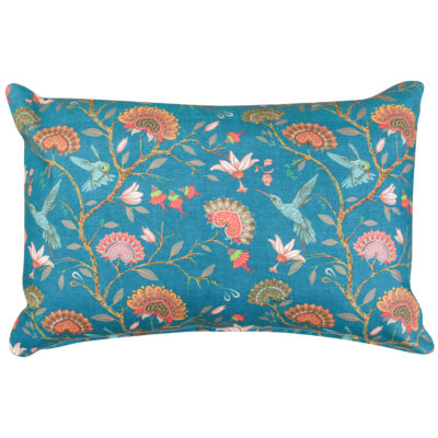 Jacobean Hummingbird Print Boudoir Cushion in Teal Blue