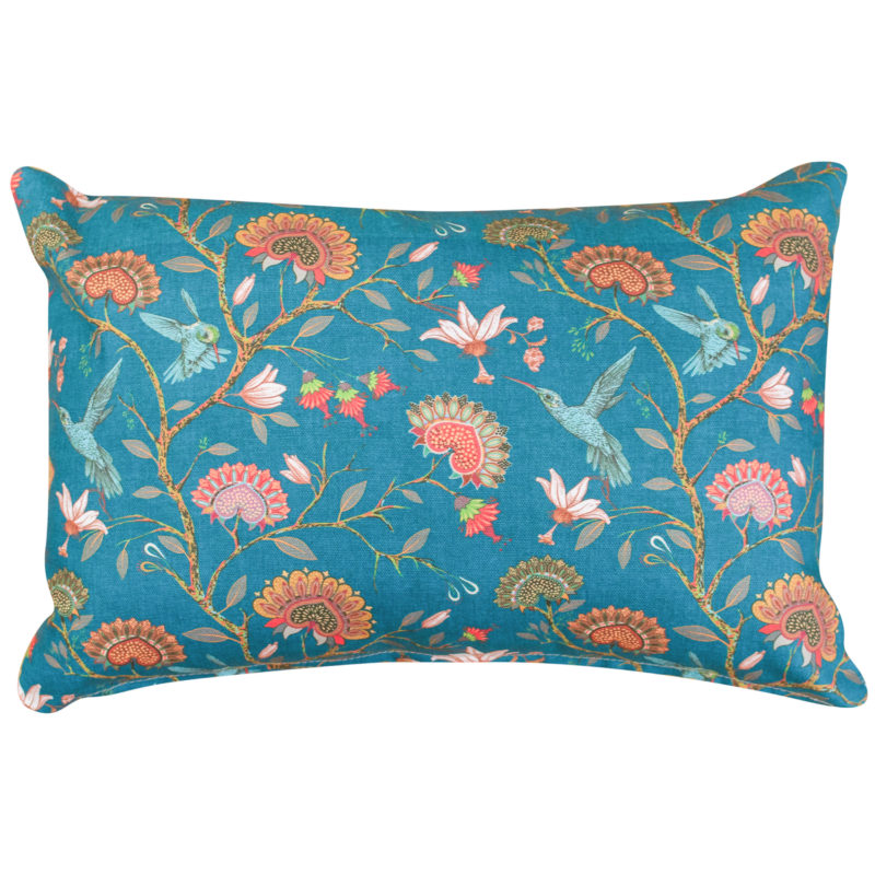 Jacobean Hummingbird Print Boudoir Cushion in Teal Blue