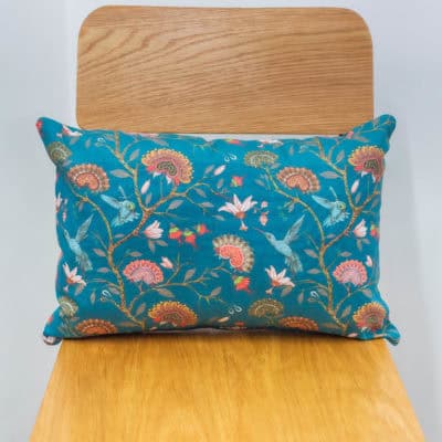 Jacobean Hummingbird Print Boudoir Cushion in Teal Blue
