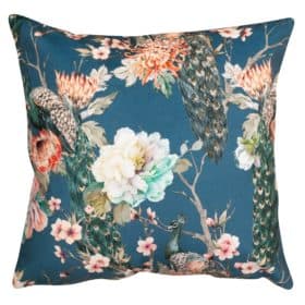 Peacock Rose Garden Velvet Cushion in Blue
