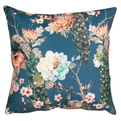 Peacock Rose Garden Cushion in Blue