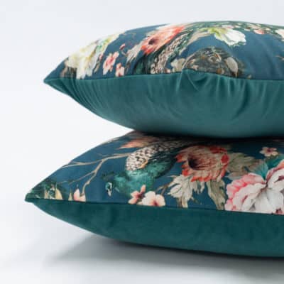 Peacock Rose Garden Velvet Cushion in Blue
