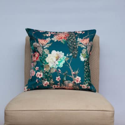 Peacock Rose Garden Cushion in Blue