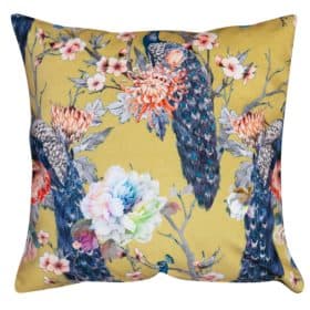 Peacock Rose Garden Velvet Cushion in Ochre