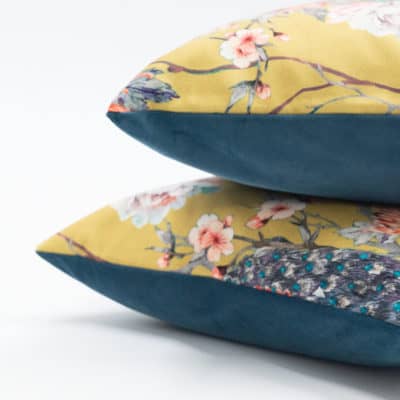 Peacock Rose Garden Velvet Cushion in Ochre