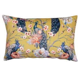 Peacock Rose Garden XL Rectangular Velvet Cushion in Ochre