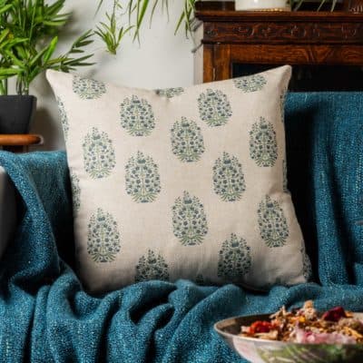 Apple Grove Linen Effect Cushion in Indigo Blue and Green