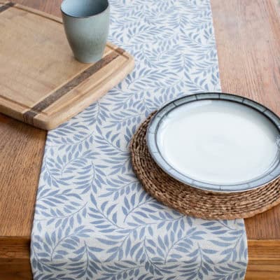 Willow Sprig Leaf Brushed Cotton and Linen Table Runner in Soft Blue