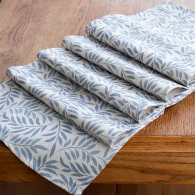 Willow Sprig Leaf Brushed Cotton and Linen Table Runner in Soft Blue