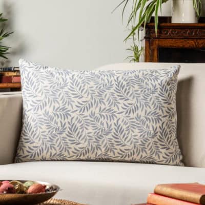 Willow Sprig Leaf Brushed Cotton and Linen XL Rectangular Cushion in Soft Blue