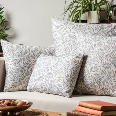 Willow Sprig Leaf Brushed Cotton and Linen XL Rectangular Cushion in Soft Blue