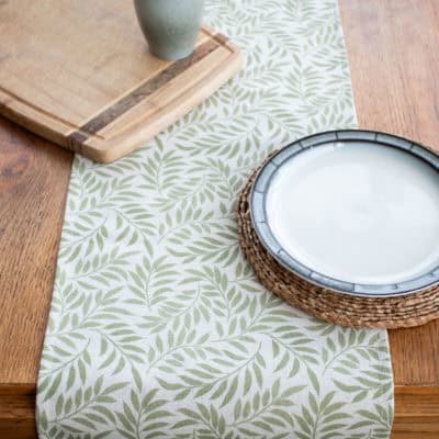 Willow Sprig Leaf Brushed Cotton and Linen Table Runner in Sage Green