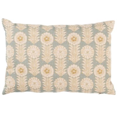 Retro Floral Print Linen Look Boudoir Cushion Cover in Duck Egg Blue