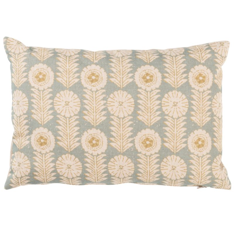 Retro Floral Print Linen Look Boudoir Cushion Cover in Duck Egg Blue