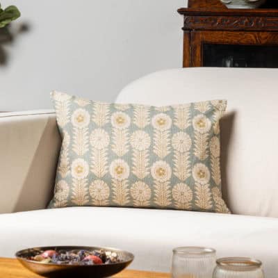 Retro Floral Print Linen Look Boudoir Cushion Cover in Duck Egg Blue