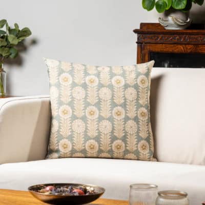 Retro Floral Print Linen Look Cushion Cover in Duck Egg Blue
