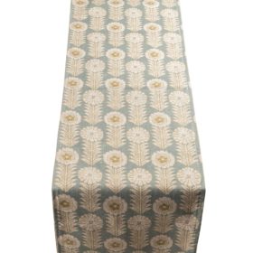 Retro Floral Print Linen Look Table Runner in Duck Egg Blue