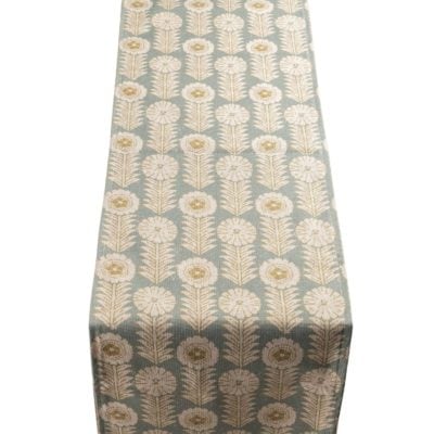Retro Floral Print Linen Look Table Runner in Duck Egg Blue