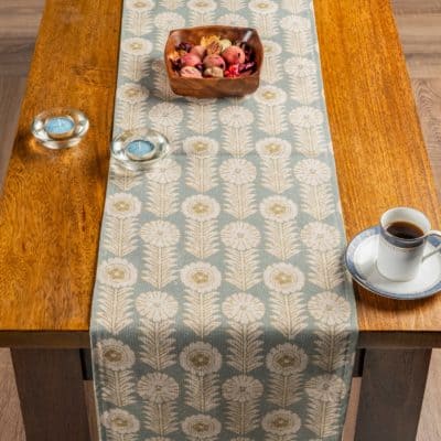Retro Floral Print Linen Look Table Runner in Duck Egg Blue