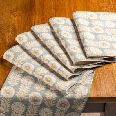 Retro Floral Print Linen Look Table Runner in Duck Egg Blue