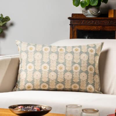 Retro Floral Print Linen Look XL Rectangular Cushion Cover in Duck Egg Blue