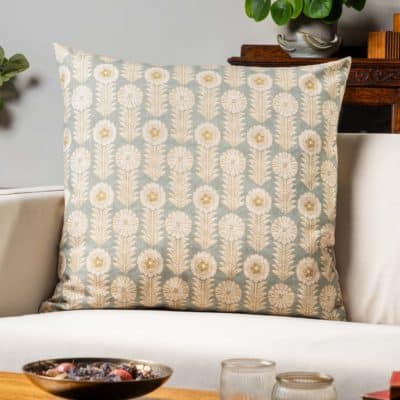 Retro Floral Print Linen Look Extra-Large Cushion Cover in Duck Egg Blue