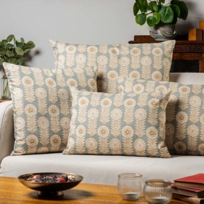 Retro Floral Print Linen Look Extra-Large Cushion Cover in Duck Egg Blue