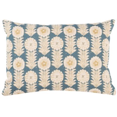 Retro Floral Print Linen Look Boudoir Cushion Cover in Indigo Blue