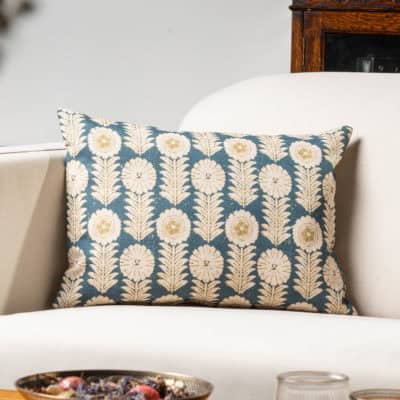 Retro Floral Print Linen Look Boudoir Cushion Cover in Indigo Blue