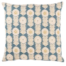 Retro Floral Print Linen Look Cushion Cover in Indigo Blue