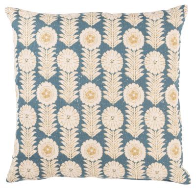 Retro Floral Print Linen Look Cushion Cover in Indigo Blue