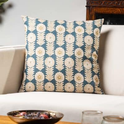 Retro Floral Print Linen Look Cushion Cover in Indigo Blue