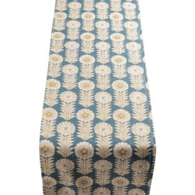 Retro Floral Print Linen Look Table Runner in Indigo Blue