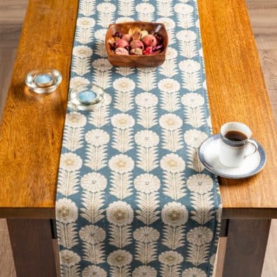 Retro Floral Print Linen Look Table Runner in Indigo Blue
