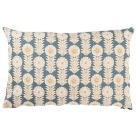 Retro Floral Print Linen Look XL Rectangular Cushion Cover in Indigo Blue