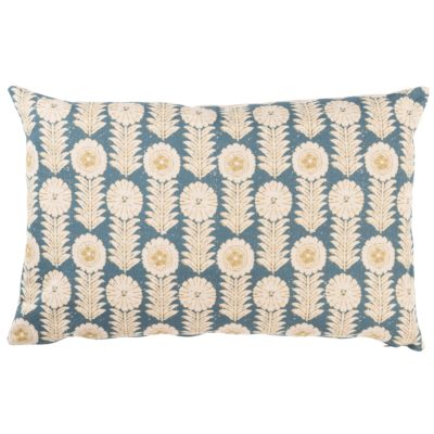 Retro Floral Print Linen Look XL Rectangular Cushion Cover in Indigo Blue