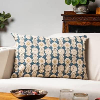 Retro Floral Print Linen Look XL Rectangular Cushion Cover in Indigo Blue