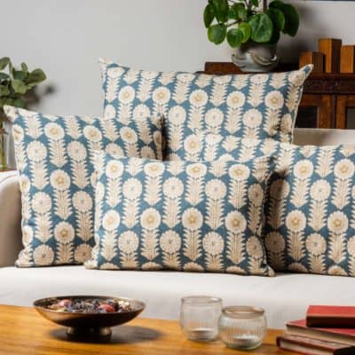 Retro Floral Print Linen Look XL Rectangular Cushion Cover in Indigo Blue