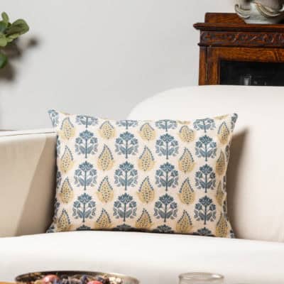 Cotswold Countryside Motif Boudoir Cushion in Gold and Indigo