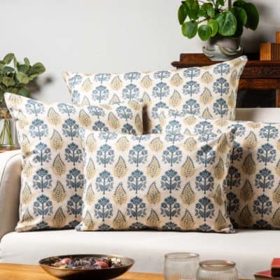 Cotswold Countryside Motif Boudoir Cushion in Gold and Indigo