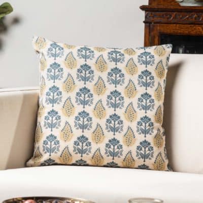 Cotswold Countryside Motif Cushion in Gold and Indigo