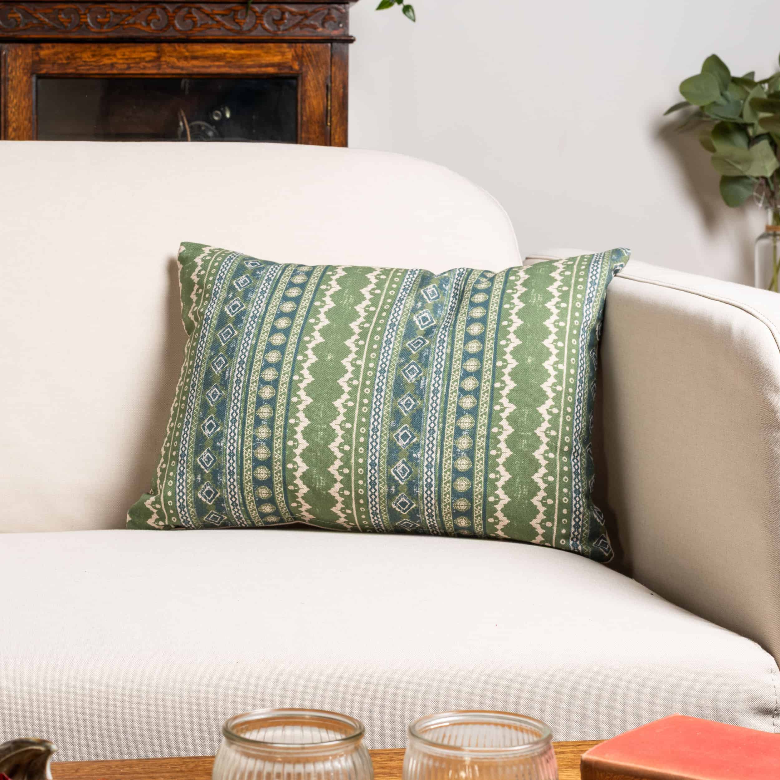Aztec Trail Boudoir Cushion in Indigo Blue and Green