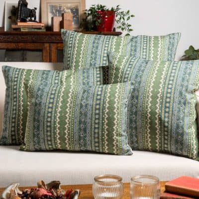 Aztec Trail Boudoir Cushion in Indigo Blue and Green